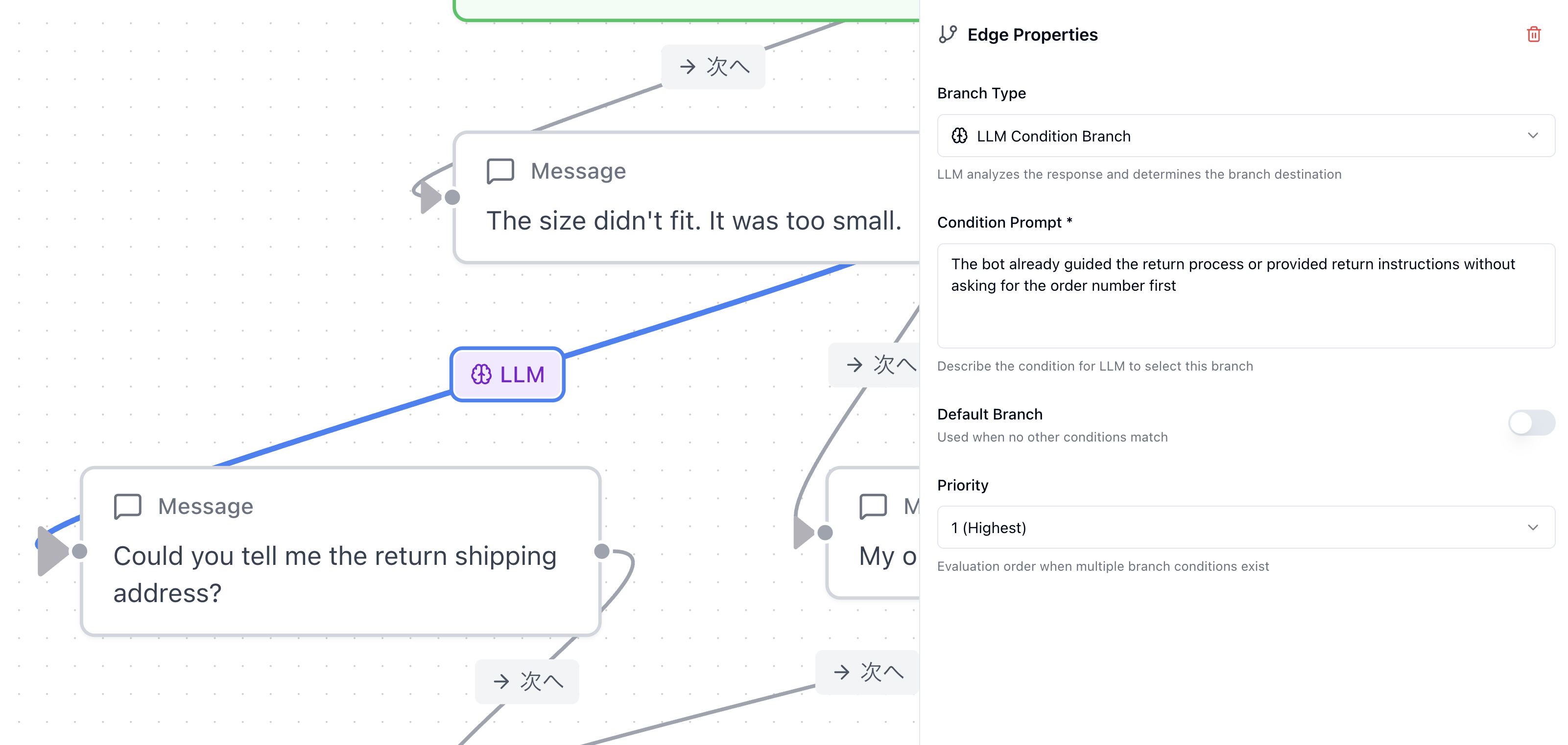 At runtime, an LLM evaluates the bot's response to determine which branch to follow